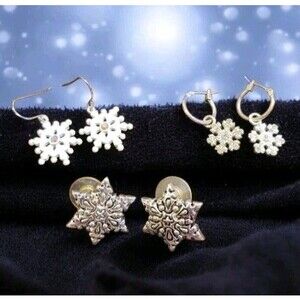 LOT 3 pair Christmas Earrings Snowflake White Silver Tone Rhinestones Nina Ricci